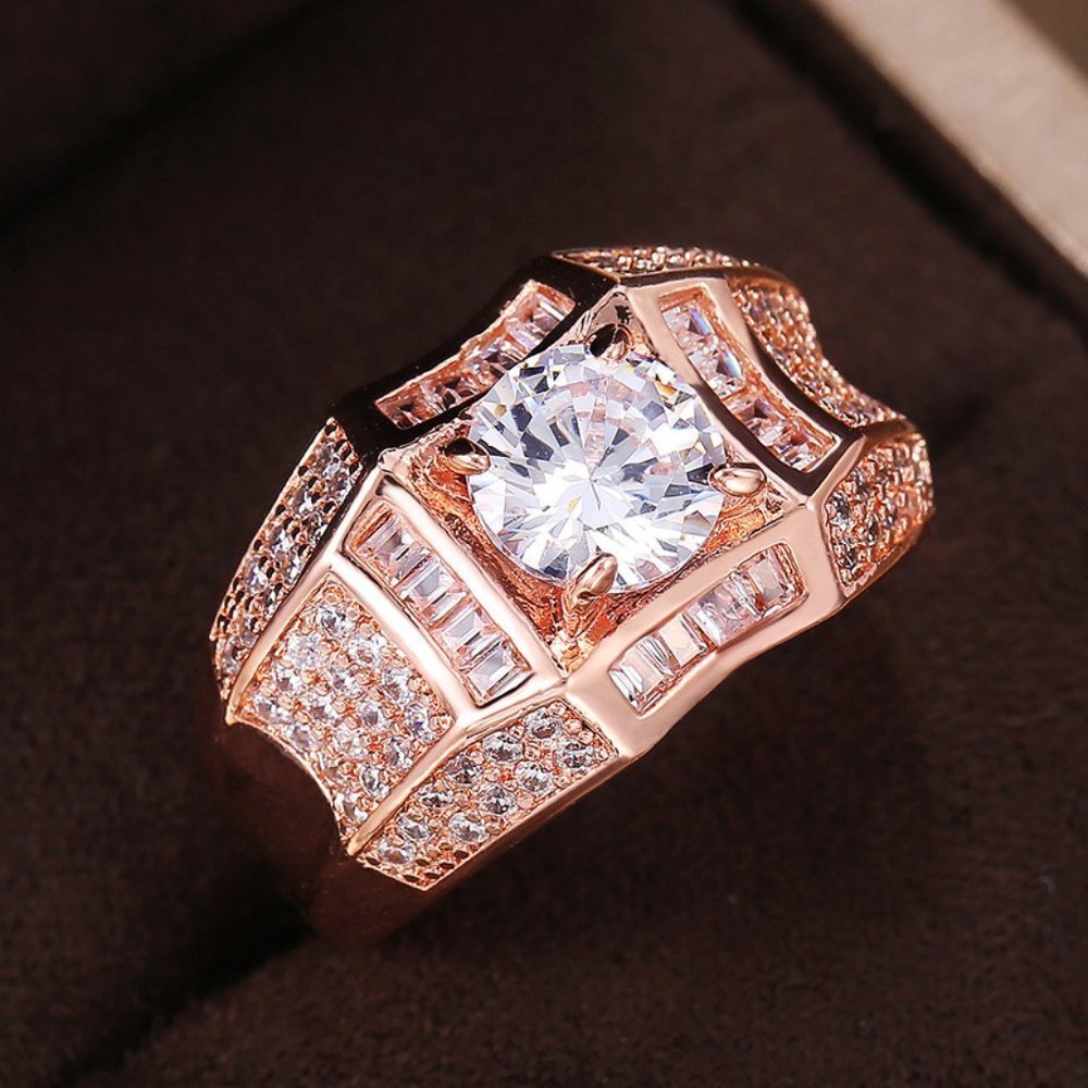 🎁 Hot Round Shiny CZ Square Silver Rose Gold Rings For Women, HA4376-6